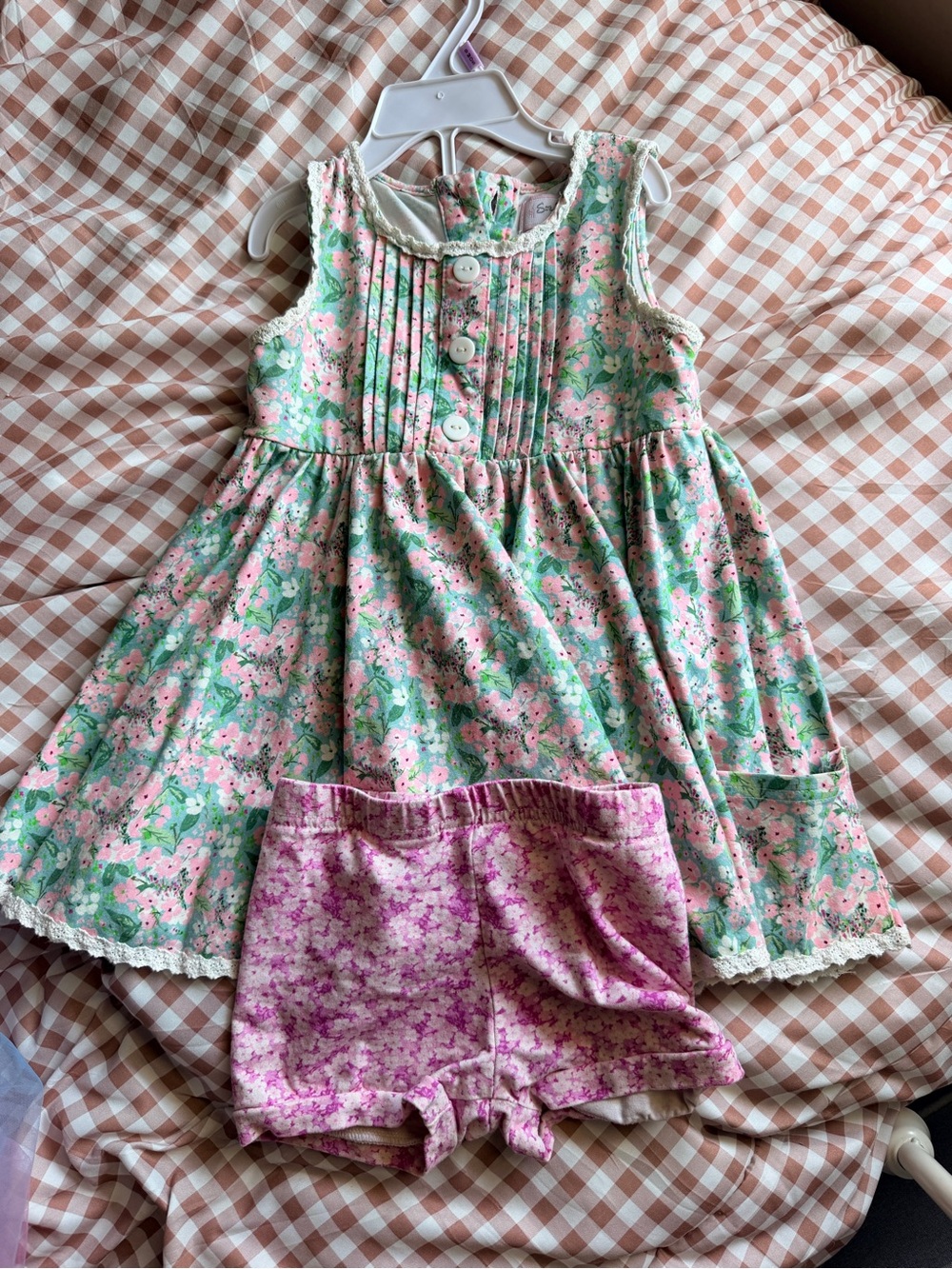 SweetHoney Green and Pink Floral Dress with Pink Floral Shorts 3t